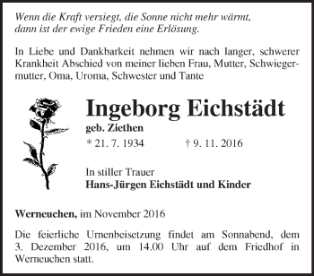 Traueranzeige von Ingeborg Eichstädt von Märkische Oderzeitung