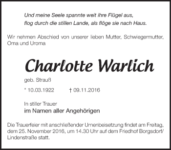 Traueranzeige von Charlotte Warlich von Märkische Oderzeitung