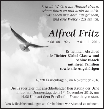 Traueranzeige von Alfred Fritz von Märkische Oderzeitung