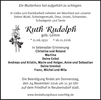 Traueranzeige von Ruth Rudolph von Märkische Oderzeitung