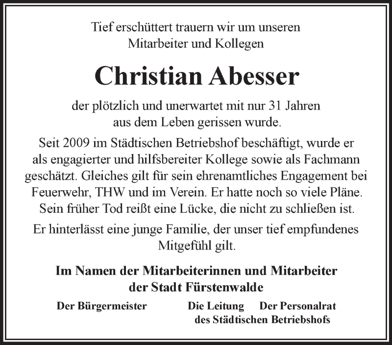  Traueranzeige für Christian Abesser vom 12.11.2016 aus Märkische Oderzeitung