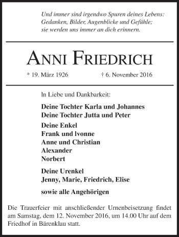 Traueranzeige von Anni Friedrich von Märkische Oderzeitung