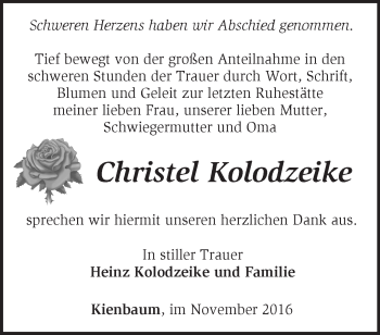 Traueranzeige von Christel Kolodzeike von Märkische Oderzeitung