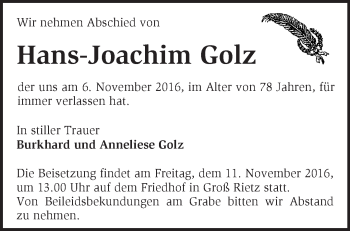 Traueranzeige von Hans-Joachim Golz von Märkische Oderzeitung