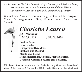 Traueranzeige von Charlotte Lausch von Märkische Oderzeitung