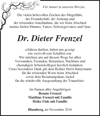 Traueranzeige von Dieter Frenzel von Märkische Oderzeitung