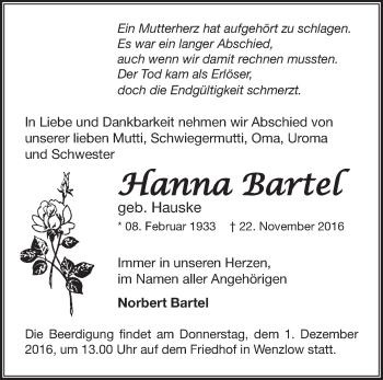 Traueranzeige von Hanna Bartel von Märkische Oderzeitung