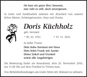 Traueranzeige von Doris Küchholz von Märkische Oderzeitung