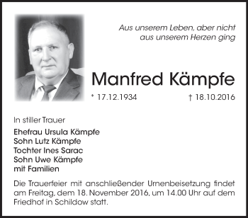 Traueranzeige von Manfred Kämpfe von Märkische Oderzeitung