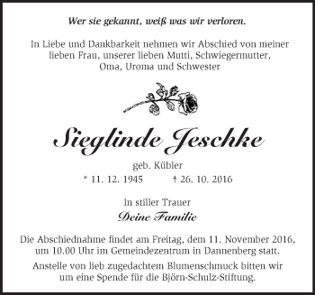 Traueranzeige von Sieglinde Jeschke von Märkische Oderzeitung