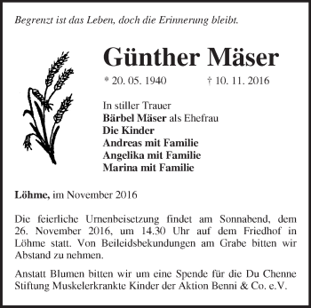 Traueranzeige von Günther Mäser von Märkische Oderzeitung