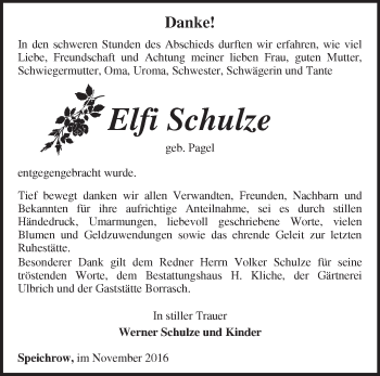 Traueranzeige von Elfi Schulze von Märkische Oderzeitung