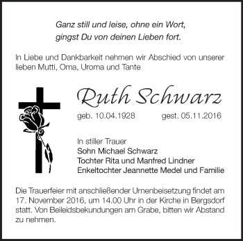 Traueranzeige von Ruth Schwarz von Märkische Oderzeitung