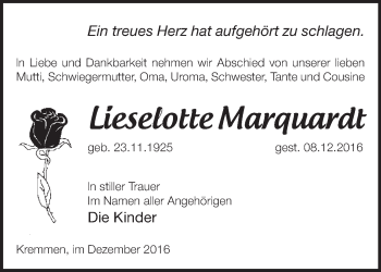 Traueranzeige von Lieselotte Marquardt von Märkische Oderzeitung