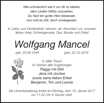 Traueranzeige von Wolfgang Mancel von Märkische Oderzeitung