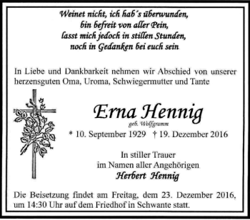 Traueranzeige von Erna Hennig von Märkische Oderzeitung