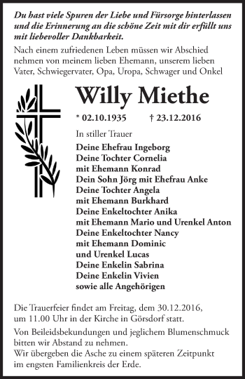 Traueranzeige von Willy Miethe von Märkische Oderzeitung