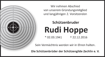 Traueranzeige von Rudi Hoppe von Märkische Oderzeitung