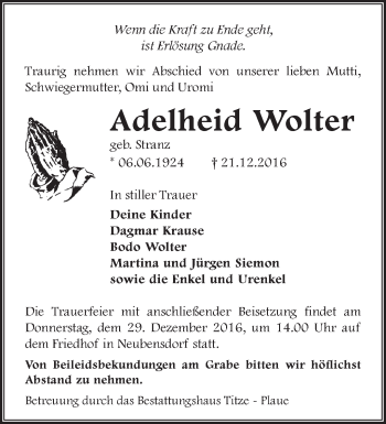 Traueranzeige von Adelheid Wolter von Märkische Oderzeitung