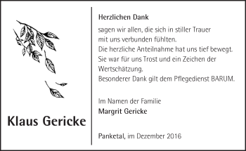 Traueranzeige von Klaus Gericke von Märkische Oderzeitung