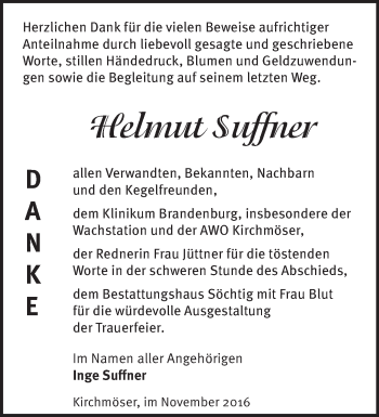 Traueranzeige von Helmut Suffner von Märkische Oderzeitung