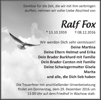 Traueranzeige von Ralf Fox von Märkische Oderzeitung