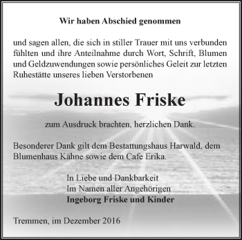 Traueranzeige von Johannes Friske von Märkische Oderzeitung