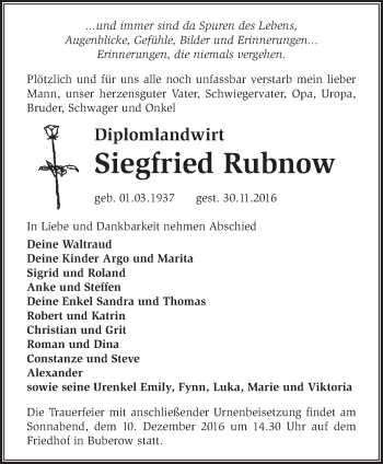 Traueranzeige von Siegfried Rubnow von Märkische Oderzeitung