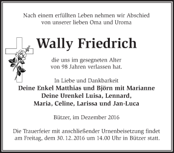 Traueranzeige von Wally Friedrich von Märkische Oderzeitung