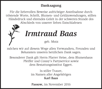 Traueranzeige von Irmtraud Baas von Märkische Oderzeitung