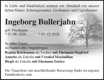 Traueranzeige von Ingeborg Bullerjahn von Märkische Oderzeitung