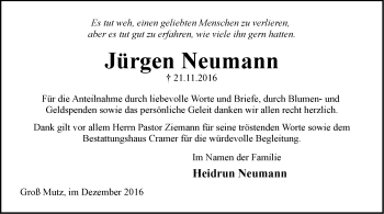 Traueranzeige von Jürgen Neumann von Märkische Oderzeitung