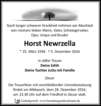 Traueranzeige von Horst Newrzella von Märkische Oderzeitung