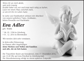 Traueranzeige von Eva Adler von Märkische Oderzeitung