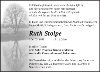 Traueranzeige von Ruth Stolpe von Märkische Oderzeitung