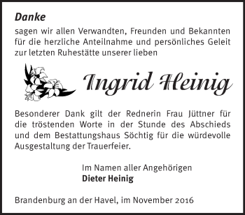 Traueranzeige von Ingrid Heinig von Märkische Oderzeitung