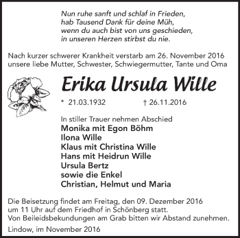 Traueranzeige von Erika Ursula Wille von Märkische Oderzeitung