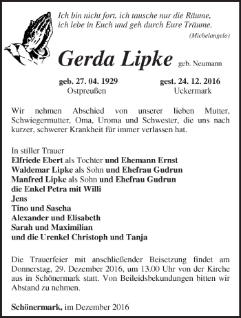 Traueranzeige von Gerda Lipke von Märkische Oderzeitung