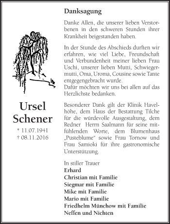 Traueranzeige von Ursel Schener von Märkische Oderzeitung