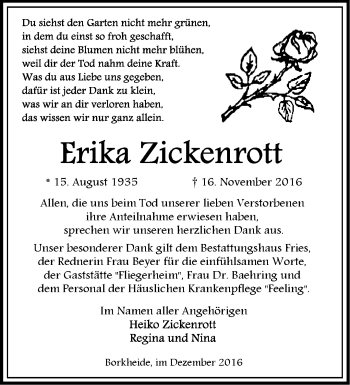 Traueranzeige von Erika Zickenrott von Märkische Oderzeitung