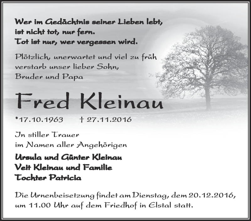  Traueranzeige für Fred Kleinau vom 11.12.2016 aus Märkische Oderzeitung