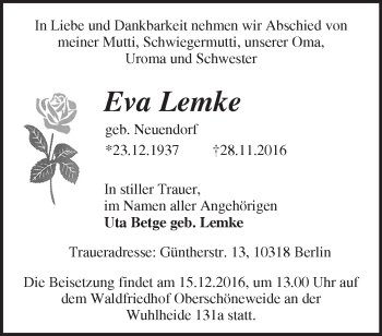 Traueranzeige von Eva Lemke von Märkische Oderzeitung
