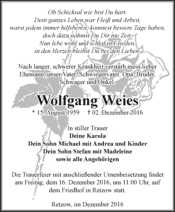 Traueranzeige von Wolfgang Weies von Märkische Oderzeitung