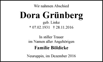 Traueranzeige von Dora Grünberg von Märkische Oderzeitung