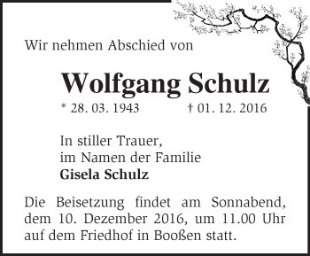 Traueranzeige von Wolfgang Schulz von Märkische Oderzeitung