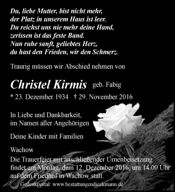 Traueranzeige von Christel Kirmis von Märkische Oderzeitung