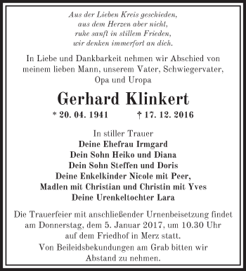 Traueranzeige von Gerhard Klinkert von Märkische Oderzeitung