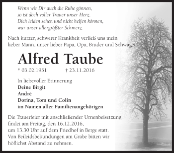 Traueranzeige von Alfred Taube von Märkische Oderzeitung