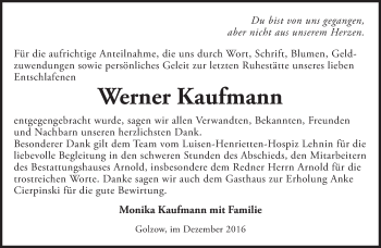 Traueranzeige von Werner Kaufmann von Märkische Oderzeitung