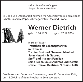 Traueranzeige von Werner Dietrich von Märkische Oderzeitung